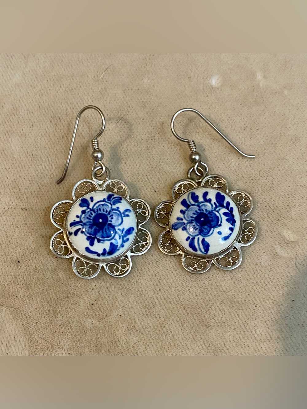 Vintage 835 Silver Blue Porcelain Delft Like Earrings